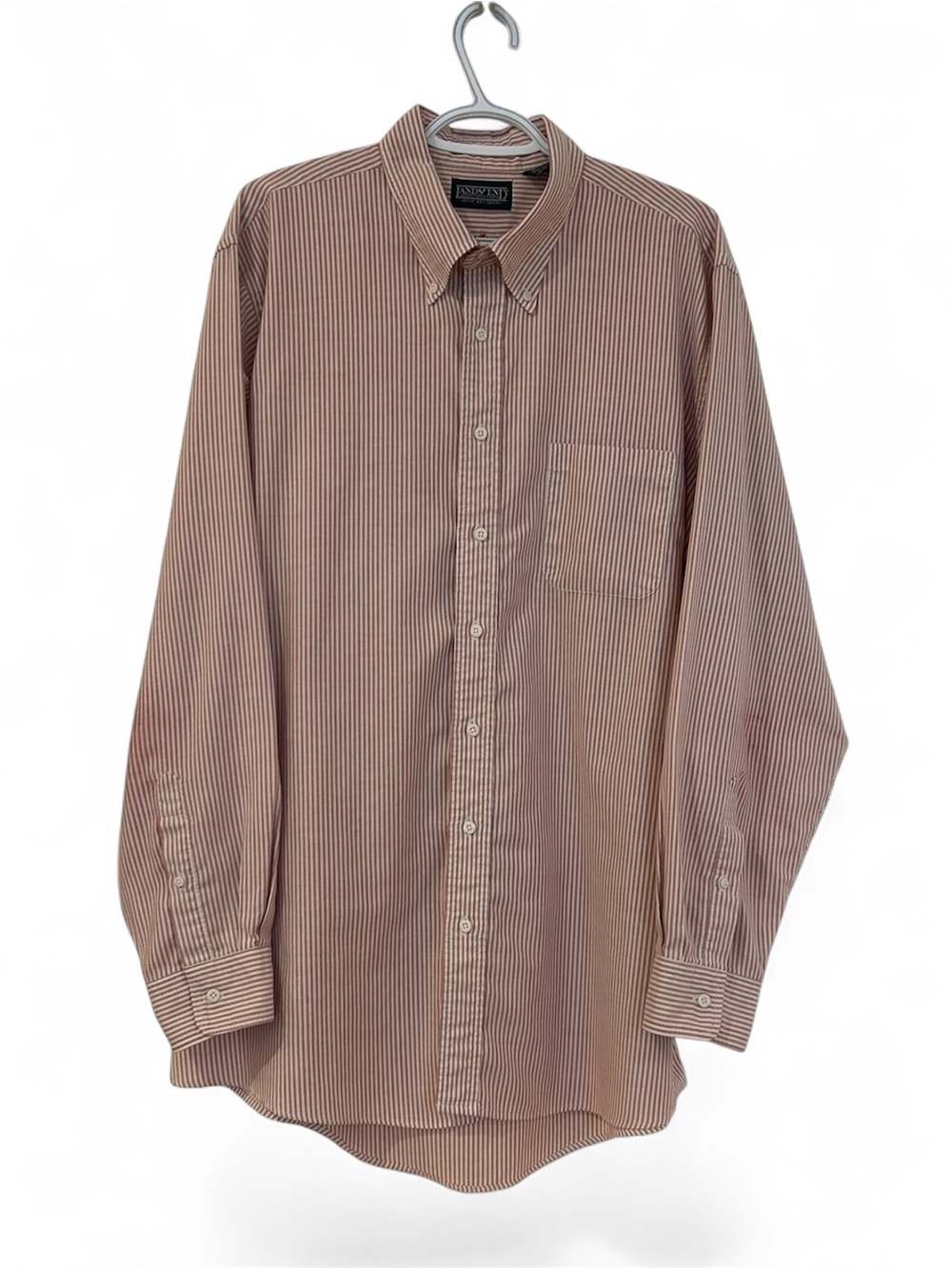 Lands' End Tall Men’s Button-Down Shirt Size 18/36 Red White Striped Long Sleeve